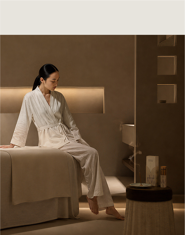 Woman resting in a warm room beside incense
